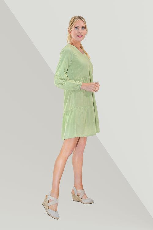 Long Sleeve V Neck Dress Tea Green S to 2XL