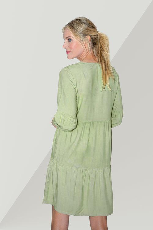 Long Sleeve V Neck Dress Tea Green S to 2XL