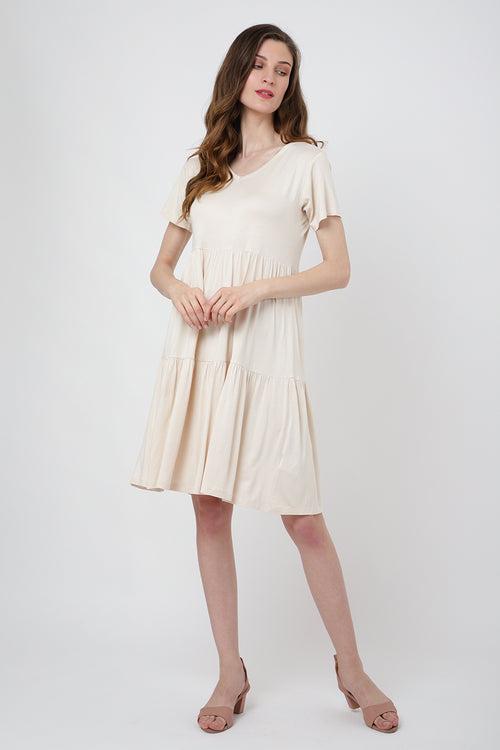 Short Sleeve Tier Dress for Women Casual Loose Fitting Jersey Dress Beige - S to 2XL