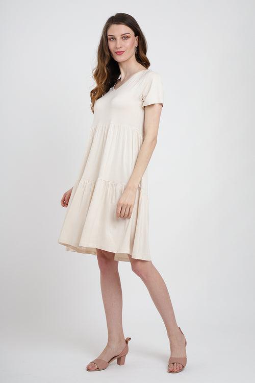 Short Sleeve Tier Dress for Women Casual Loose Fitting Jersey Dress Beige - S to 2XL