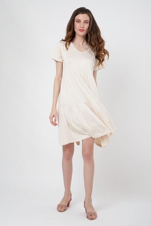 Short Sleeve Tier Dress for Women Casual Loose Fitting Jersey Dress Beige - S to 2XL