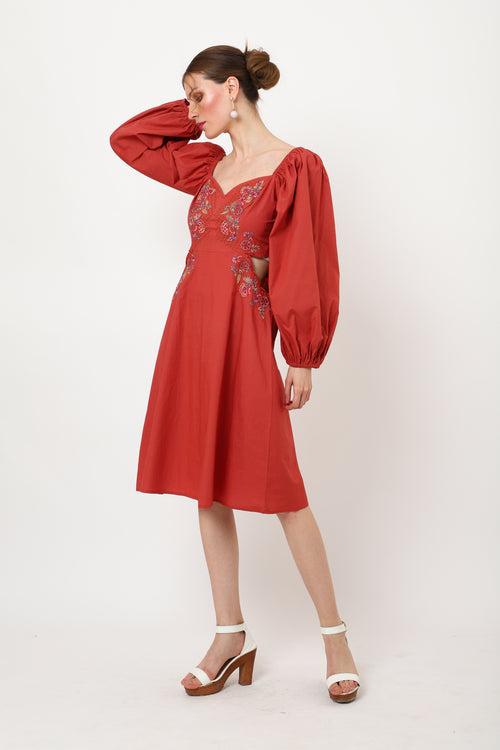 Cut-out Detail At The Waist, Sweetheart Neckline With Peasant Sleeves Cute Midi Flowy Dresses for Women - 116-Red, S to XL
