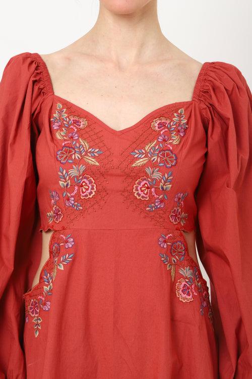 Cut-out Detail At The Waist, Sweetheart Neckline With Peasant Sleeves Cute Midi Flowy Dresses for Women - 116-Red, S to XL