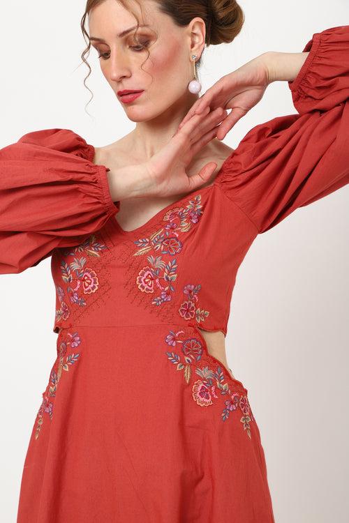 Cut-out Detail At The Waist, Sweetheart Neckline With Peasant Sleeves Cute Midi Flowy Dresses for Women - 116-Red, S to XL