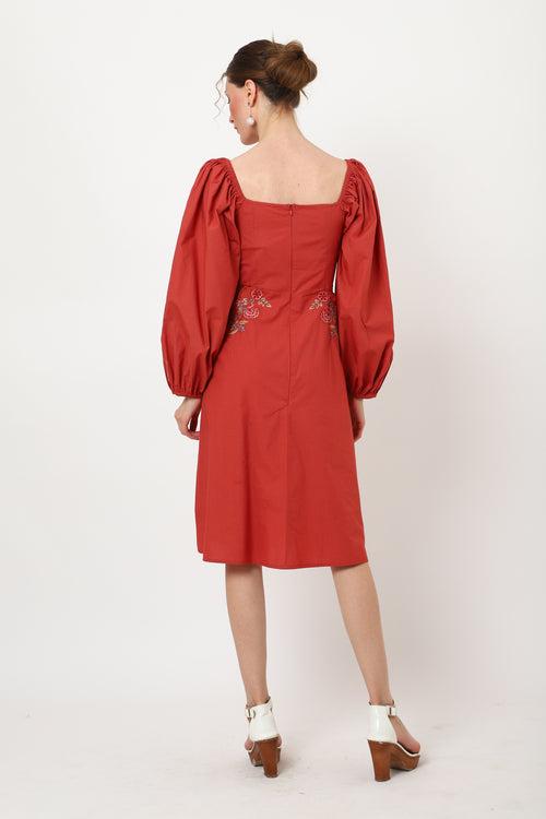 Cut-out Detail At The Waist, Sweetheart Neckline With Peasant Sleeves Cute Midi Flowy Dresses for Women - 116-Red, S to XL