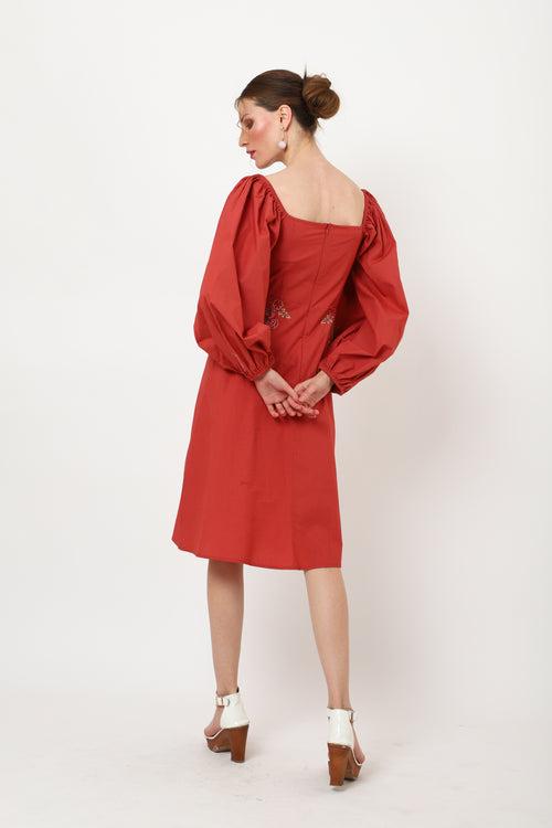 Cut-out Detail At The Waist, Sweetheart Neckline With Peasant Sleeves Cute Midi Flowy Dresses for Women - 116-Red, S to XL