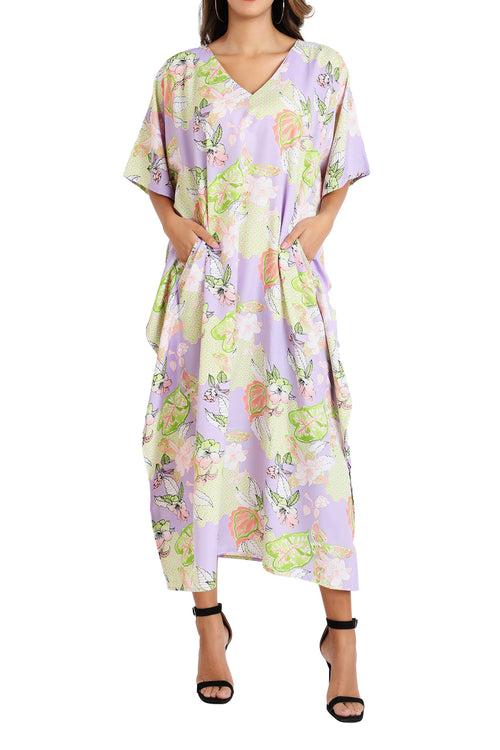 Kaftans Dresses with Pockets in Tropical Floral Purple