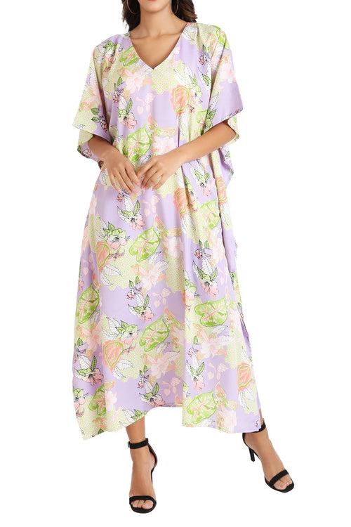 Kaftans Dresses with Pockets in Tropical Floral Purple