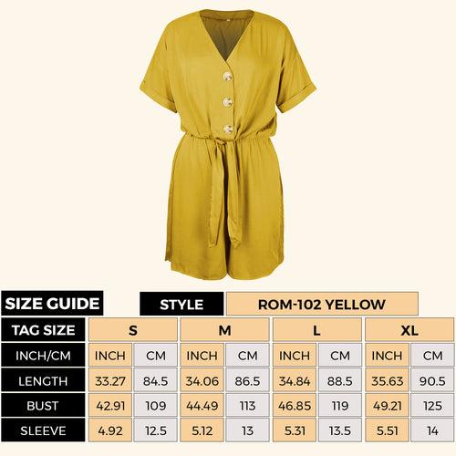 Women V Neck Short Sleeves Button Front Self Tie Romper Jumpsuit Yellow