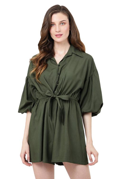 Jumpsuit Dress Drop Shoulder Gathered Sleeves And Tie-up Detail In The Front Romper Sacramento Green, X-Small to 2XL