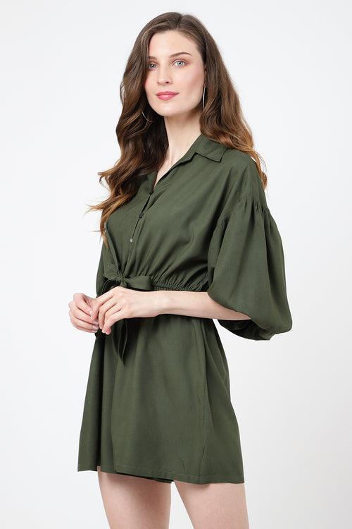 Jumpsuit Dress Drop Shoulder Gathered Sleeves And Tie-up Detail In The Front Romper Sacramento Green, X-Small to 2XL