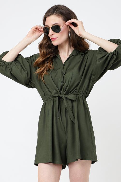 Jumpsuit Dress Drop Shoulder Gathered Sleeves And Tie-up Detail In The Front Romper Sacramento Green, X-Small to 2XL