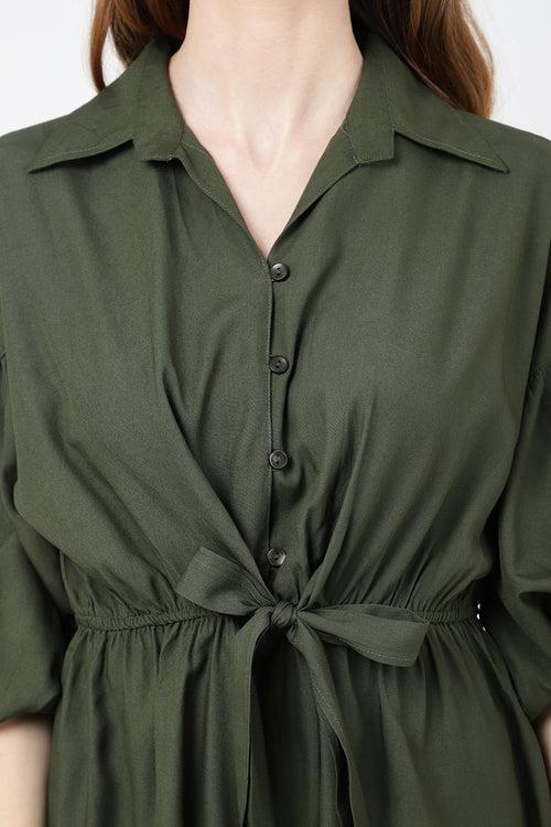 Jumpsuit Dress Drop Shoulder Gathered Sleeves And Tie-up Detail In The Front Romper Sacramento Green, X-Small to 2XL