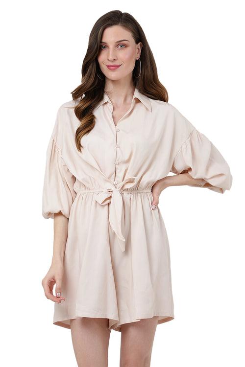 Jumpsuit Dress Drop Shoulder Gathered Sleeves And Tie-up Detail In The Front Romper Beige, X-Small to 2XL