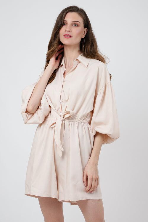 Jumpsuit Dress Drop Shoulder Gathered Sleeves And Tie-up Detail In The Front Romper Beige, X-Small to 2XL