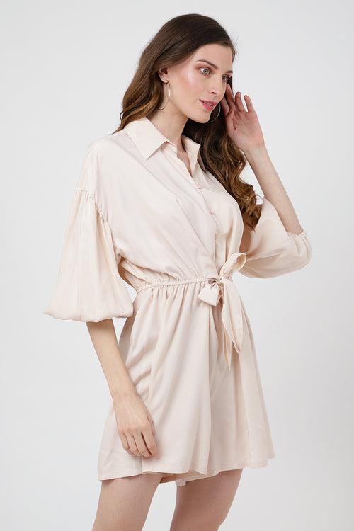 Jumpsuit Dress Drop Shoulder Gathered Sleeves And Tie-up Detail In The Front Romper Beige, X-Small to 2XL