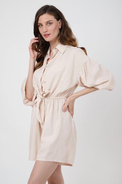 Jumpsuit Dress Drop Shoulder Gathered Sleeves And Tie-up Detail In The Front Romper Beige, X-Small to 2XL