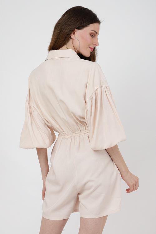 Jumpsuit Dress Drop Shoulder Gathered Sleeves And Tie-up Detail In The Front Romper Beige, X-Small to 2XL