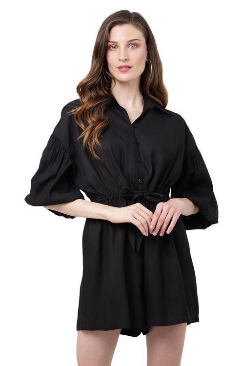 Jumpsuit Dress Drop Shoulder Gathered Sleeves And Tie-up Detail In The Front Romper Black, X-Small to 2XL
