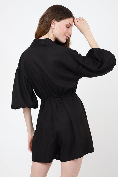 Jumpsuit Dress Drop Shoulder Gathered Sleeves And Tie-up Detail In The Front Romper Black, X-Small to 2XL