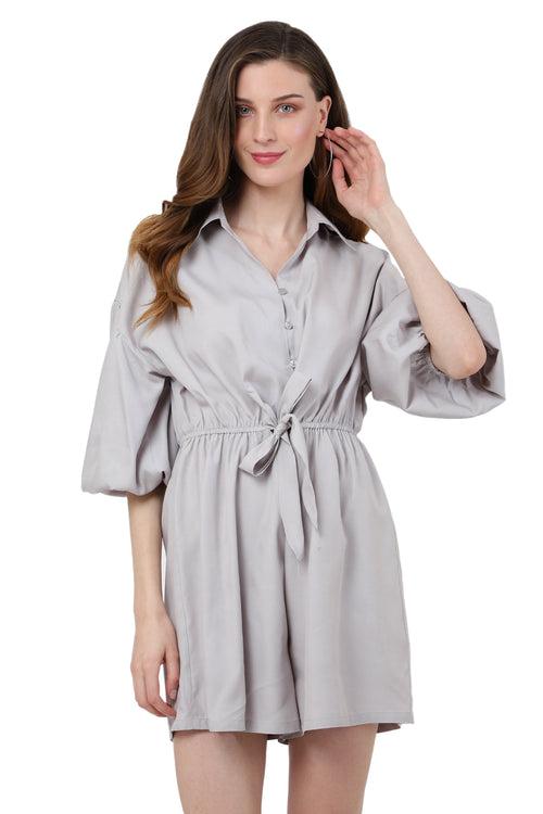 Jumpsuit Dress Drop Shoulder Gathered Sleeves And Tie-up Detail In The Front Romper Cool Grey, X-Small to 2XL