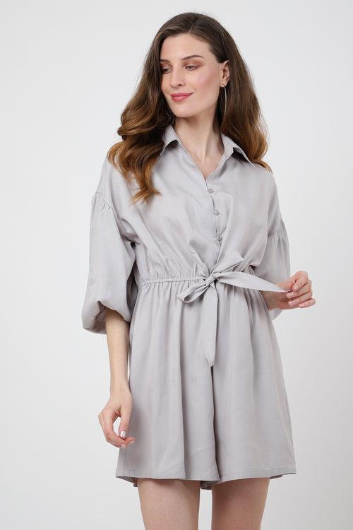 Jumpsuit Dress Drop Shoulder Gathered Sleeves And Tie-up Detail In The Front Romper Cool Grey, X-Small to 2XL
