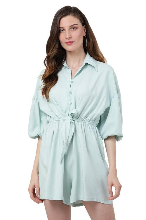 Jumpsuit Dress Drop Shoulder Gathered Sleeves And Tie-up Detail In The Front Romper Pistachio Green, X-Small to 2XL