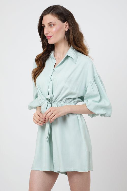 Jumpsuit Dress Drop Shoulder Gathered Sleeves And Tie-up Detail In The Front Romper Pistachio Green, X-Small to 2XL