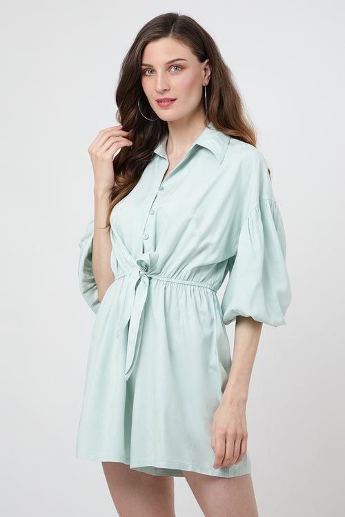 Jumpsuit Dress Drop Shoulder Gathered Sleeves And Tie-up Detail In The Front Romper Pistachio Green, X-Small to 2XL