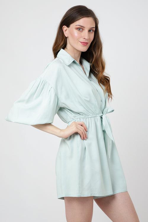 Jumpsuit Dress Drop Shoulder Gathered Sleeves And Tie-up Detail In The Front Romper Pistachio Green, X-Small to 2XL
