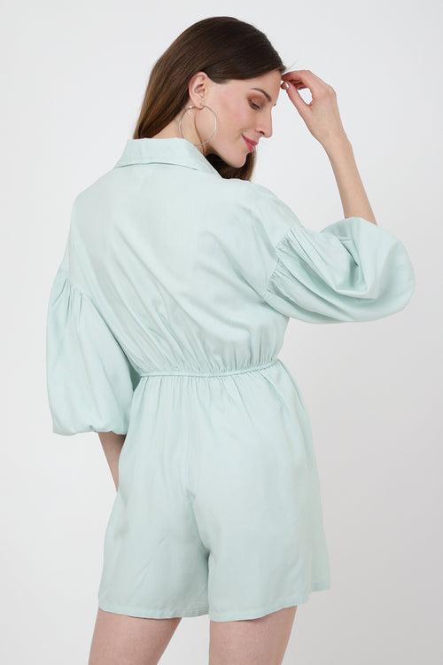 Jumpsuit Dress Drop Shoulder Gathered Sleeves And Tie-up Detail In The Front Romper Pistachio Green, X-Small to 2XL
