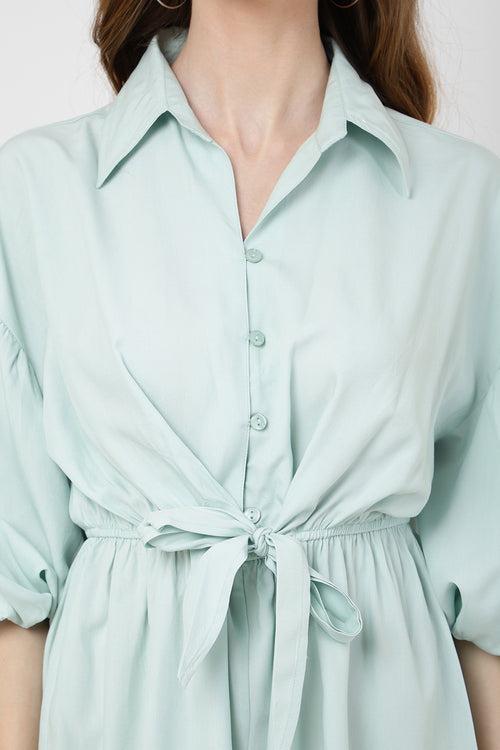 Jumpsuit Dress Drop Shoulder Gathered Sleeves And Tie-up Detail In The Front Romper Pistachio Green, X-Small to 2XL