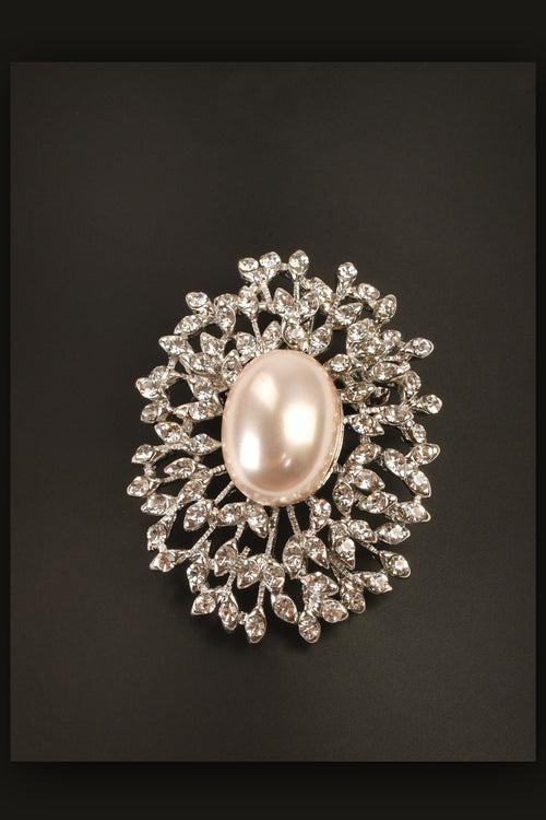 Oval Pearl Floral Stone Studded Brooch