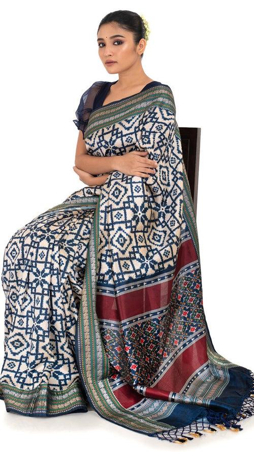 Blue Patola Silk Saree with Ikkat Pattern