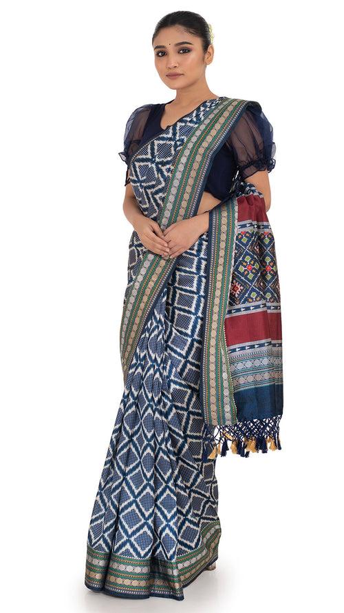 Patola Pallu Saree with Blue Checks