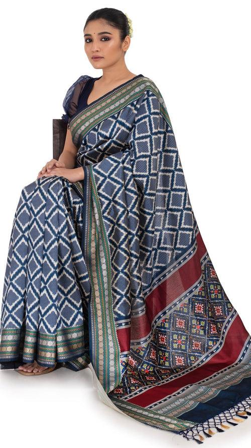 Patola Pallu Saree with Blue Checks