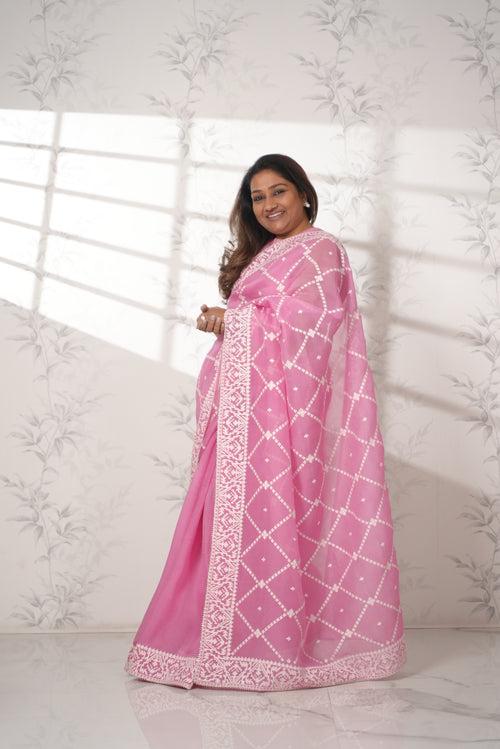 Baby Pink Organza Saree with Thread work