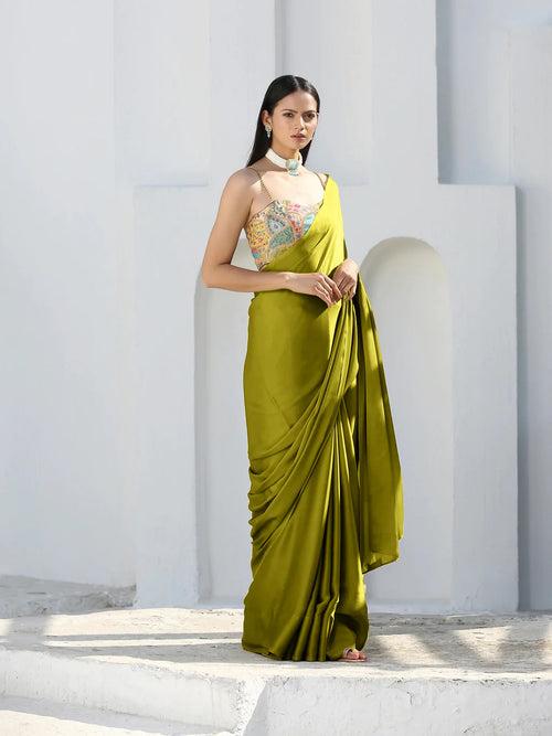 Lime Satin Saree with Gold flat Pendants