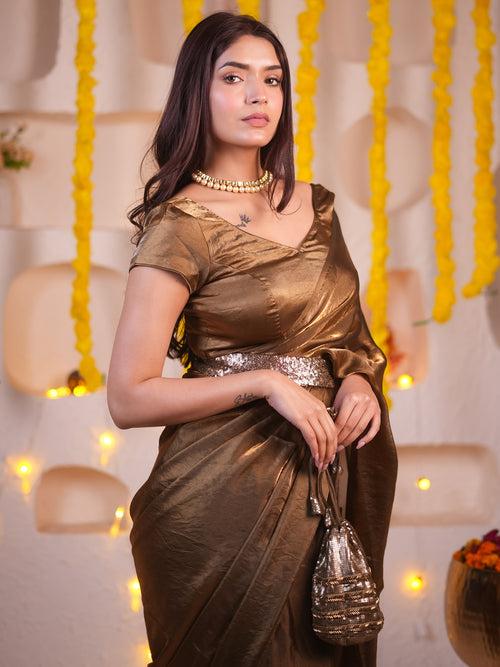 Gold Rush Metallic Satin Saree with Sequins and Blouse Fabric