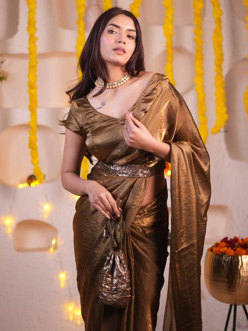 Gold Rush Metallic Satin Saree with Sequins and Blouse Fabric