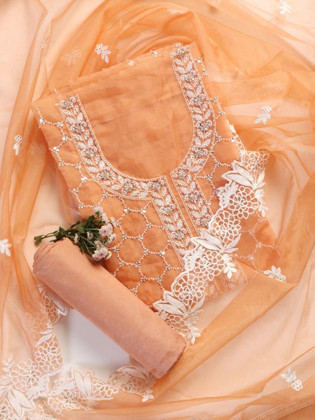 3 Pc Unstitched Suit SET - Peach Beaded and Embroidered Organza Kurta and Border Dupatta with Cotton Pyjama