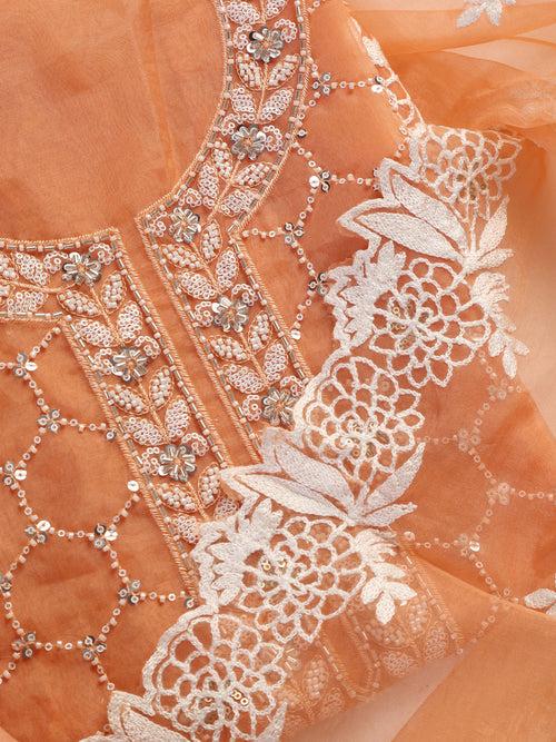 3 Pc Unstitched Suit SET - Peach Beaded and Embroidered Organza Kurta and Border Dupatta with Cotton Pyjama