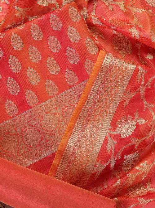 3 Pc SET - Banarasi Red Orange Silk Cotton Jacquard Kurta and Dupatta with Cotton Pyjama