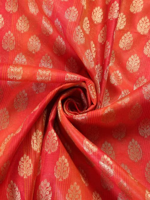 3 Pc SET - Banarasi Red Orange Silk Cotton Jacquard Kurta and Dupatta with Cotton Pyjama