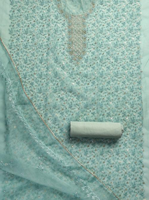 3 Pc SET - Blue Beaded and Embroidered Organza Kurta With Dupatta and Cotton Pyjama