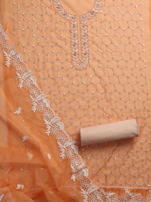 3 Pc Unstitched Suit SET - Peach Beaded and Embroidered Organza Kurta and Border Dupatta with Cotton Pyjama