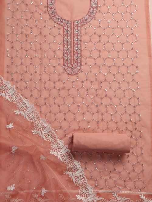 3 Pc Unstitched Suit SET - Pink Beaded and Embroidered Organza Kurta and Border Dupatta with Cotton Pyjama