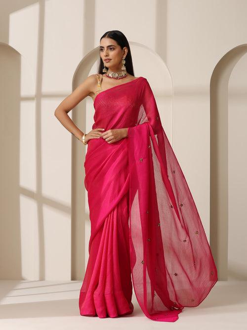 Fuchsia Zari Chiffon Saree with Self Blouse Fabric