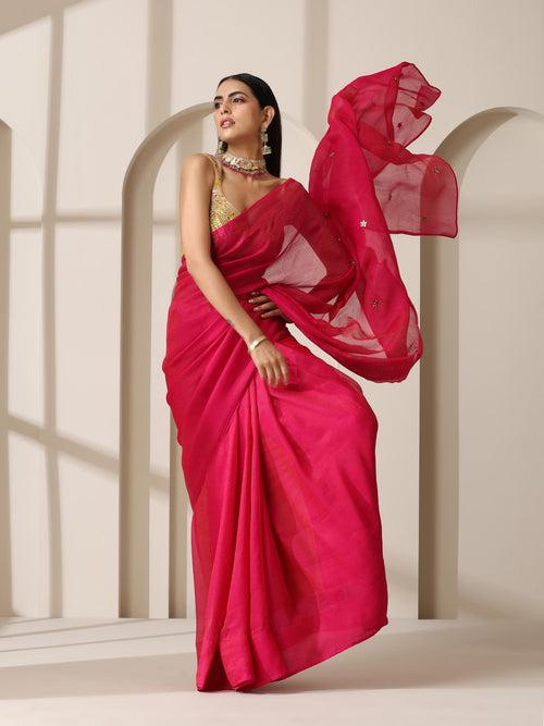 Fuchsia Zari Chiffon Saree with Self Blouse Fabric