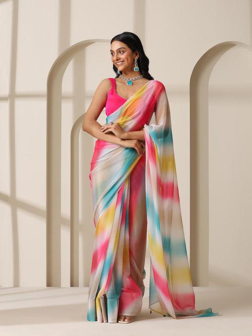 Bubble Gum Dreams Chiffon Saree with Pendants and Fuchsia Blouse Fabric